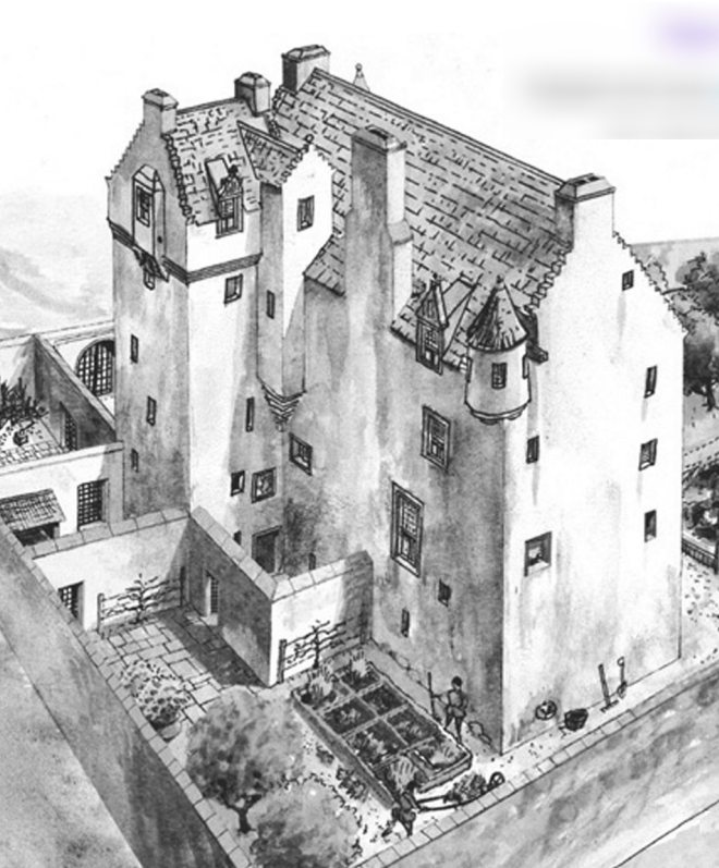 Architectural reconstruction drawing of Baltersan Castle